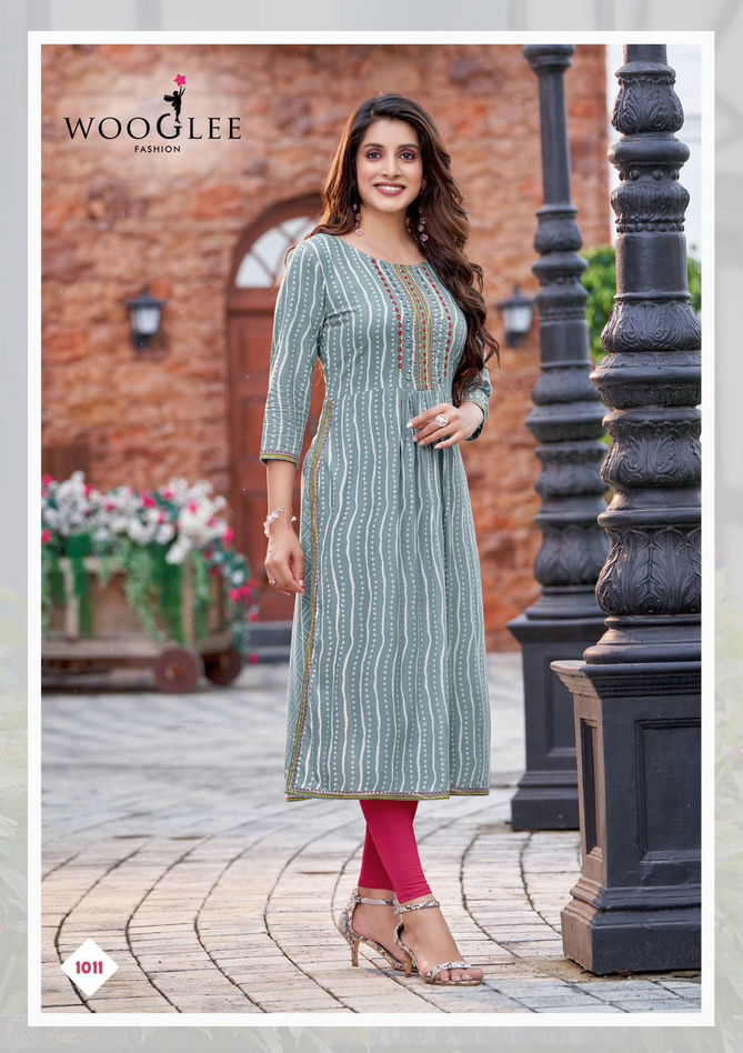 Tanisha By Wooglee Rayon Printed Naira Cut Kurti Wholesale Shop In Surat